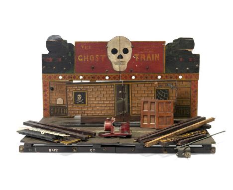 A SCRATCHBUILT PAINTED WOOD AND METAL SCALE MODEL AMUSEMENT GHOST TRAIN RIDE 20TH CENTURY  36cm high, 63cm wide, 38cm deep  