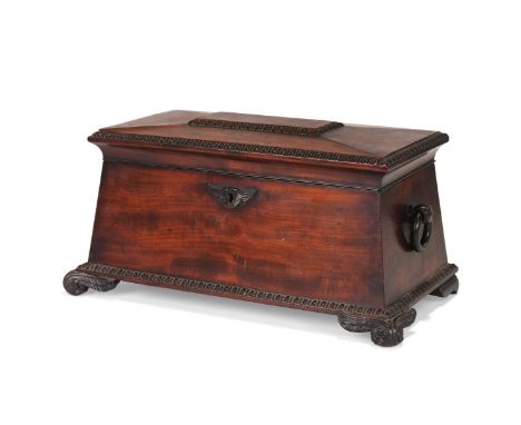 A GEORGE IV MAHOGANY 'SARCOPHAGUS' TEA CADDY CIRCA 1825 Inspired by the Grand Tour style  19cm high, 15cm wide, 21cm deep    