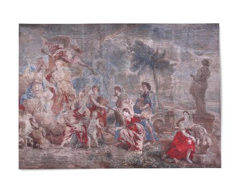 A VERY LARGE PRINTED LINEN TAPESTRY 'THE RISE OF MINERVA'  POSSIBLY BY ZARDI & ZARDI, 21ST CENTURY IN THE 18TH CENTURY STYLE 