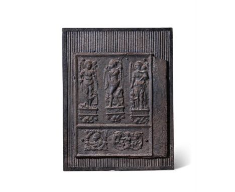 A CONTINENTAL CAST IRON FIREBACK  POSSIBLY FRENCH, 17TH CENTURY, SET ON A REGENCY CAST IRON FIRE PANEL  first panel 73.5cm hi