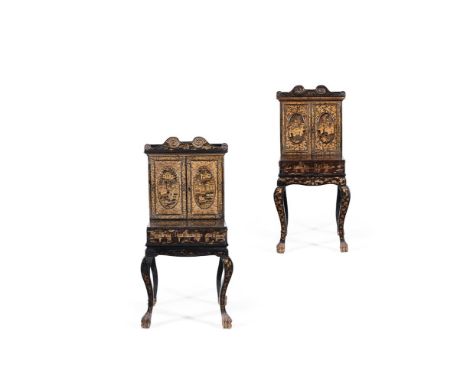 Y&nbspA MATCHED PAIR OF CHINESE EXPORT BLACK LACQUER AND CHINOISERIE DECORATED CABINETS ON STANDS EARLY 19TH CENTURY The door