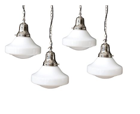 A SET OF FOUR 'THE CHARLES' NICKEL PLATED AND OPALINE GLASS PENDANT LIGHTS BY DREW PRITCHARD LTD Wired and PAT tested each 33