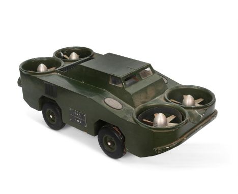 A SCRATCH BUILT PAINTED WOOD MODEL OF A PROTOTYPE 'HOVER VEHICLE OR TANK 4'  20TH CENTURY  26cm high, 71cm long, 33cm wideThe