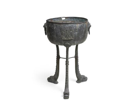 A LARGE VERDIGRIS COPPER PLANTER  19TH CENTURY  95.5cm high, 54cm diameter 