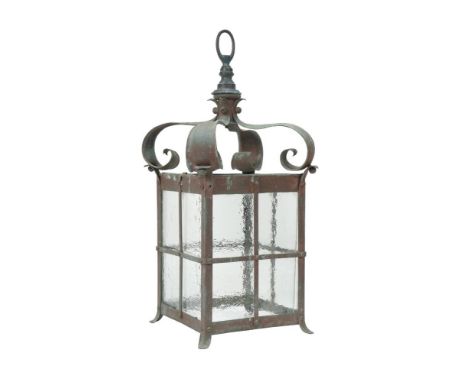 A PATINATED COPPER HALL LANTERN  IN ARTS & CRAFTS STYLE, CIRCA 1920  With suspension hoop above scrolling cresting, square gl