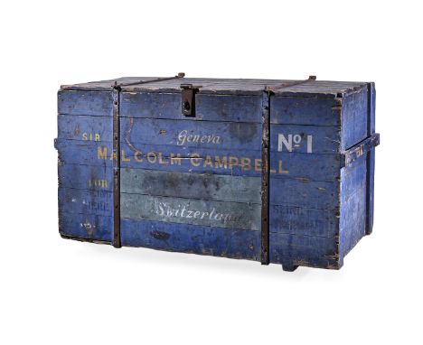 SIR MALCOLM CAMPBELL'S BLUEBIRD  A LARGE PAINTED WOOD AND IRON BOUND ENGINEER'S CHEST, THE BLUEBIRD NO.1  The front of the ch