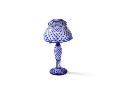 A 'BRISTOL' BLUE AND CLEAR CUT GLASS LAMP AMERICAN, 20TH CENTURY  Rewired and PAT tested  58cm high, the shade 30cm diameter