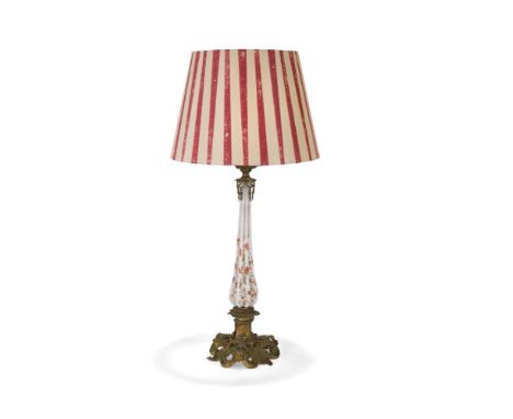 A GILT METAL MOUNTED PAINTED OPALINE GLASS TABLE LAMP  19TH CENTURY  Rewired and PAT tested, with shade  63cm high overall  T