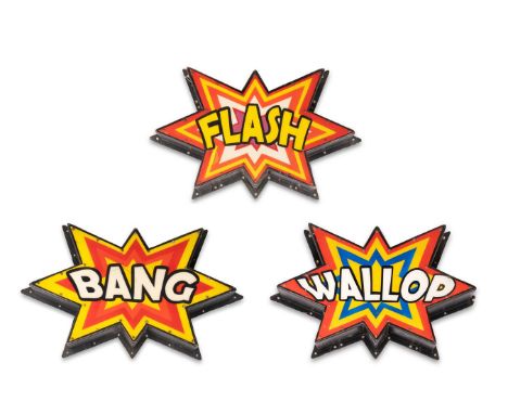 A SET OF THREE FIBREGLASS AND PLASTIC LIGHTING SIGNS 'FLASH, BANG AND WALLOP'   21ST CENTURY 80cm high, 135cm wide, 18cm deep