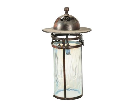 AN ART NOUVEAU COPPER AND 'VASELINE GLASS' LANTERN  LATE 19TH OR EARLY 20TH CENTURY 50cm high, 28cm diameter overall