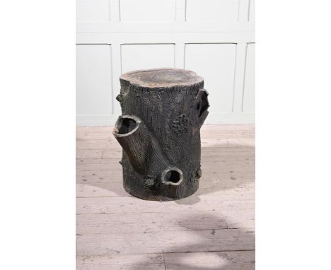 A RARE FAUX BOIS TERRACOTTA STRAWBERRY PLANTER IN THE FORM OF A TREE TRUNK  ATTRIBUTED TO JULIUS WHITEHEAD, CLAYTON, BRADFORD
