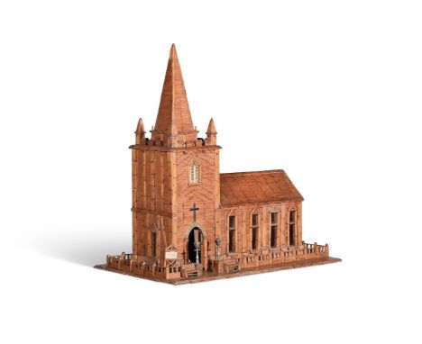 A SCRATCH-BUILT MATCHSTICK MODEL OF A CHURCH  DATED 1971  Incorporating details including lamp posts, a bench, and a noticebo