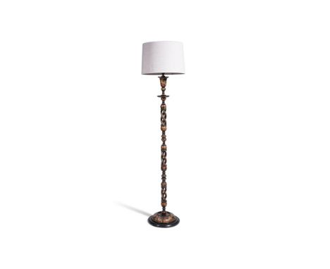 A KASHMIRI BLACK LACQUER, PAINTED AND PARCEL GILT DECORATED STANDARD LAMP  EARLY 20TH CENTURY  Adapted and fitted for electri
