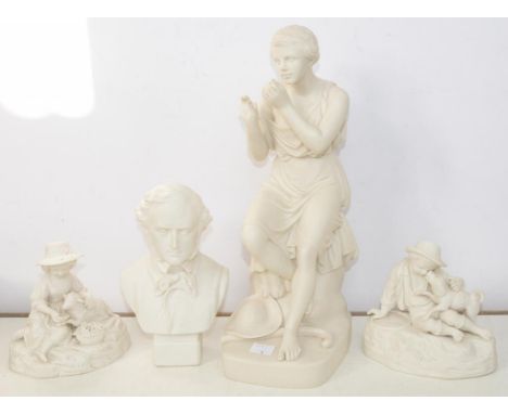 A COPELAND PARIAN WARE FIGURE OF A FLUTE PLAYER, AFTER R. MONTI, 34CM H, IMPRESSED MARKS, 1873 (LACKS FLUTE), A PAIR OF CONTE