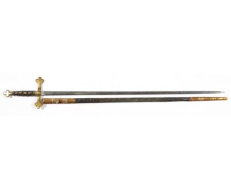 A MASONIC SWORD AND SCABBARD BY KENNING, WITH ETCHED BLADE AND BRASS HILT, THE LEATHER COVERED GRIP WITH COPPER WIRE, BLADE 7