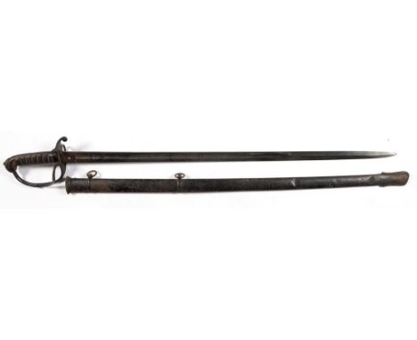 AN 1821 PATTERN ROYAL ARTILLERY OFFICER'S SWORD AND SCABBARD, THE ETCHED BLADE WITH VR CYPHER, EMBLEMS AND ON TWO BANNERS MAD