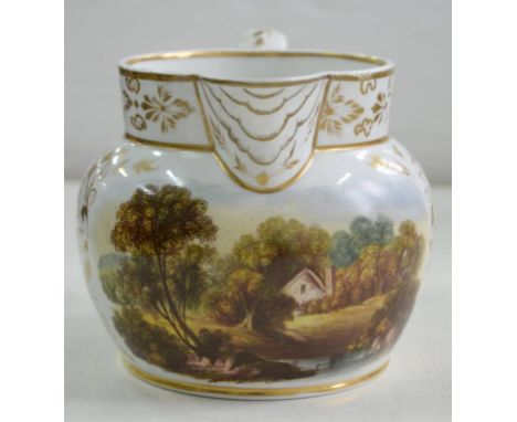 A DERBY JUG PAINTED IN THE MANNER OF DANIEL LUCAS WITH A COTTAGE IN A WOOD AND GILT, 11CM H, RED PAINTED MARK, C1825, LIP RES
