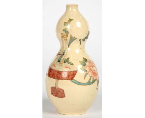 A JAPANESE SATSUMA WARE DOUBLE GOURD VASE, 17CM H, 19TH C, COLLECTOR'S LABEL, A WILTSHAW AND ROBINSON CARLTONWARE MAUVE IRIDE