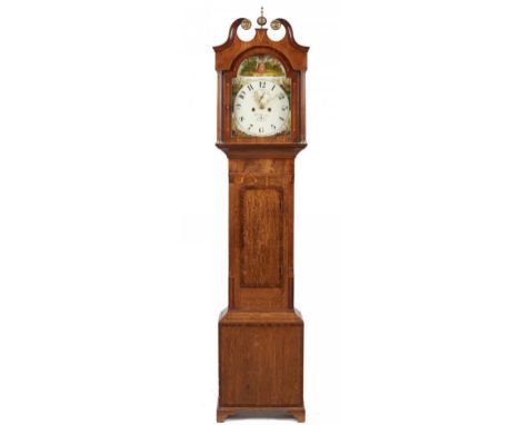 AN ENGLISH OAK AND MAHOGANY EIGHT DAY LONGCASE CLOCK, WILLIAM HEWSON, LINCOLN, SECOND QUARTER 19TH C, the painted dial with a