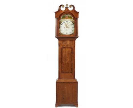 AN ENGLISH OAK AND MAHOGANY EIGHT DAY LONGCASE CLOCK, WILLIAM HEWSON, LINCOLN, SECOND QUARTER 19TH C, the painted dial with a