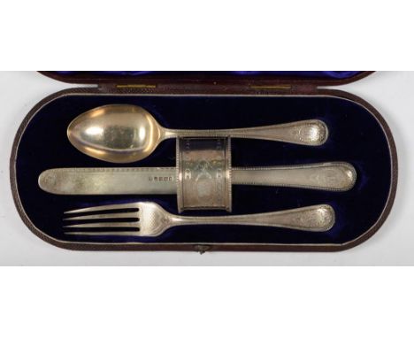 A VICTORIAN SILVER FOUR PIECE CHRISTENING SET, ENGINE TURNED, SHEFFIELD 1867, 1871 AND 1872, CASED, 3OZS WEIGHABLE 