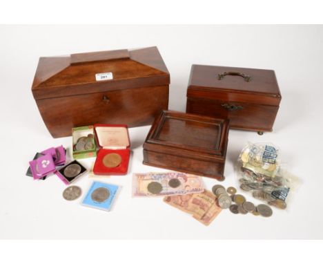 A VICTORIAN MAHOGANY TEA CADDY WITH FITTED INTERIOR AND TWO CANISTERS, 31CM L, C1840, A GEORGE III MAHOGANY TEA CADDY, GUTTED