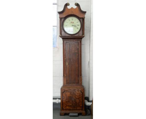 A 19TH C INLAID OAK THIRTY HOUR LONGCASE CLOCK, THE ROUND PAINTED DIAL INSCRIBED MARTIN CONDLIFF SHEFFIELD, 219CM H