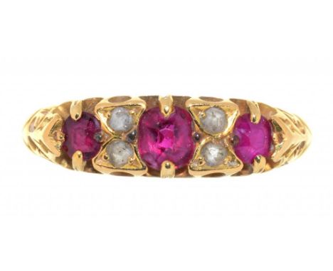 A RUBY AND ROSE CUT DIAMOND RING IN 18CT GOLD, BIRMINGHAM 1906, 3.6G, SIZE O ++GOOD CONDITION