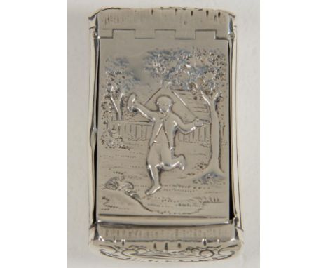 A GEORGE III SILVER SNUFF BOX, THE LID WITH INTEGRAL HINGE AND EMBOSSED WITH A FIGURE AND TREES, 7CM L, BIRMINGHAM 1805, WORN