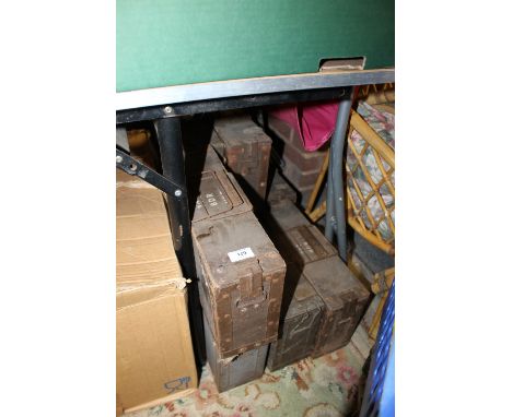 NINE WW2  PATTERN AMMUNITION BOXES, 9 mm & 303, SOME WW2 DATES (1944 & 1945) TO THE UNDERNEATH, WITH NICE ORIGINAL STENCILLIN