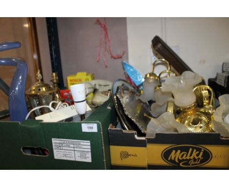 TWO TRAYS OF ELECTRICALS ETC. TO INCLUDE VINTAGE TELEPHONE, LIGHT FITTINGS ETC