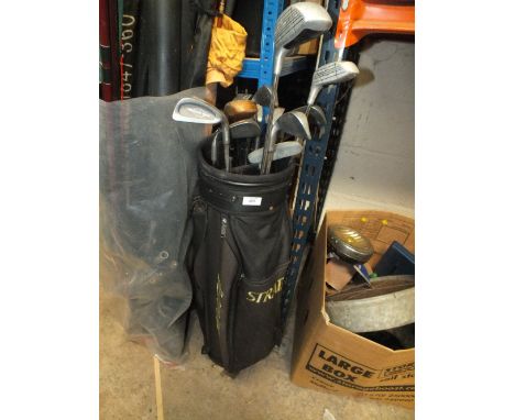 A STRATA GOLFING CADDY BAG PLUS A SELECTION OF CLUBS