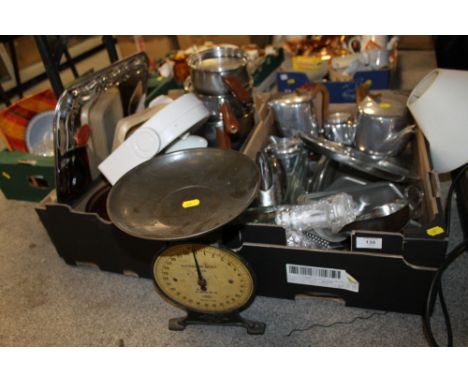 TWO TRAYS OF KITCHENALIA TO INCLUDE VINTAGE SCALES