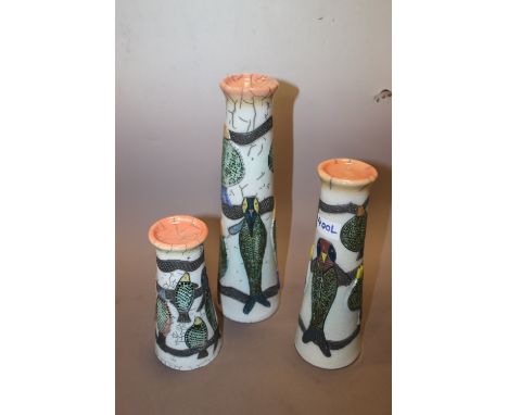 THREE VINTAGE CERAMIC CANDLESTICKS DECORATED WITH FISH