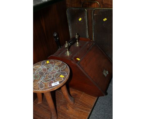 A STUDDED WOODEN STOOL, OAK COAL SCUTTLE + A FIREGUARD  (3)