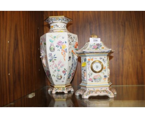 AN ORIENTAL STYLE CERAMIC 'VASE OF 100 FLOWERS' TOGETHER WITH A MATCHING CERAMIC CLOCK