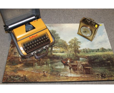 A CASED TYPEWRITER, MANTLE CLOCK & A PRINT