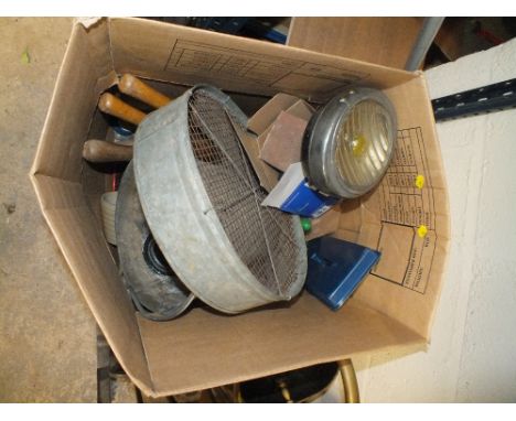 A BOX TO INCLUDE METALWARE, SANDER, LIGHTS ETC