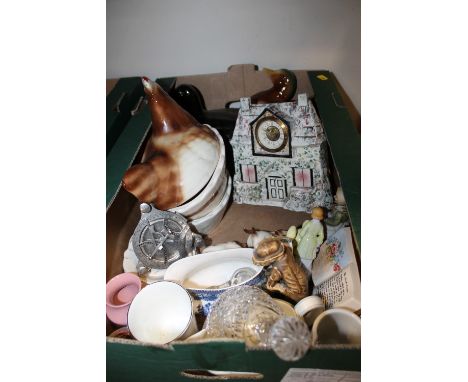 A TRAY OF CERAMICS ETC TO INCLUDE COMPASSES, CERAMIC CLOCK ETC