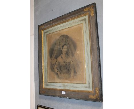 A FRAMED ENGRAVING BEHIND GLASS, A PORTRAIT OF A LADY