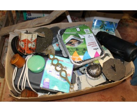 A LARGE BOX OF ASSORTED SUNDRIES TO INCLUDE A TABLE LIGHTER, CCTV CAMERA ETC