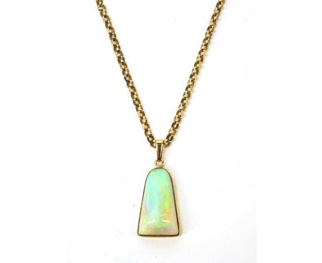 An opal pendant on chain, the bell-shaped white opal cabochon measuring approximately 25 x 14.6mm, collet in a yellow metal m