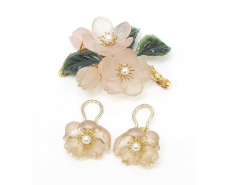 A mid 20th Century Austrian carved quartz and nephrite floral pattern brooch and earrings, the 14ct. yellow gold branch hallm
