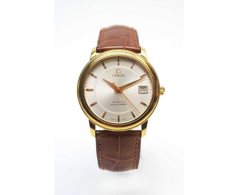 An Omega De Ville Prestige Automatic Chronometer, ref: 46003102, the silvered baton dial with date aperture, in 18ct yellow g