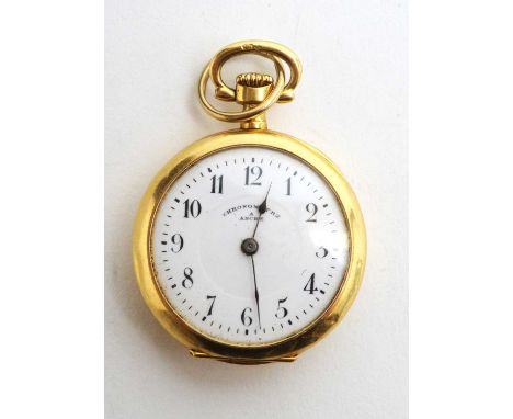 Ladies 18ct yellow gold cased Movado fob-watch, the white enamel arabic dial inscribed 'Chronometer a Ancre', fitted a crown 