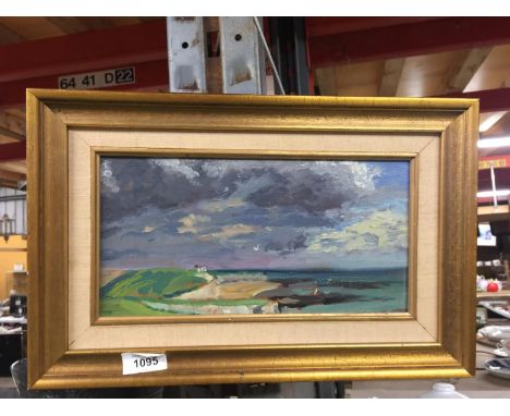 A GILT FRAMED WATERCOLOUR OF A COASTAL SCENE, MARKED TO THE BACK, MR DE'PAULAS PAINTING (CECIL'S HUSBAND (WOODVILLE), 40CM X 