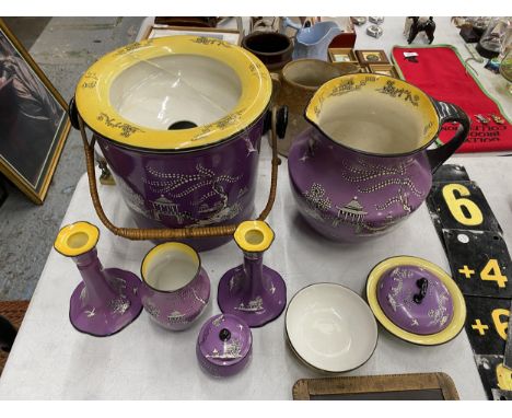 A VINTAGE 'BISTO' CHAMBER SET TO INCLUDE A SLOP PAIL, WASH JUG, CANDLESTICKS, SOAP DISH, BOWLS, ETC - 8 PIECES IN TOTAL 