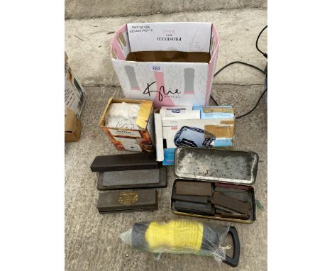 AN ASSORTMENT OF ITEMS TO INCLUDE SHARPENING STONES, A 12V COMPRESSOR AND A SET OF KITCHEN SCALES ETC 