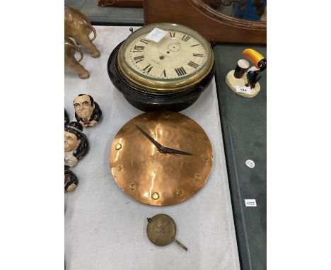 TWO VINTAGE CLOCKS TO INCLUDE A COPPER ONE AND A 'SESTREL' WALL CLOCK IN NEED OF RESTORATION 