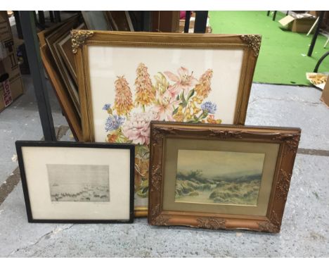 THREE FRAMED PRINTS TO INCLUDE GILT FLORAL EXAMPLE, SIGNED CATTLE PRINT ETC 